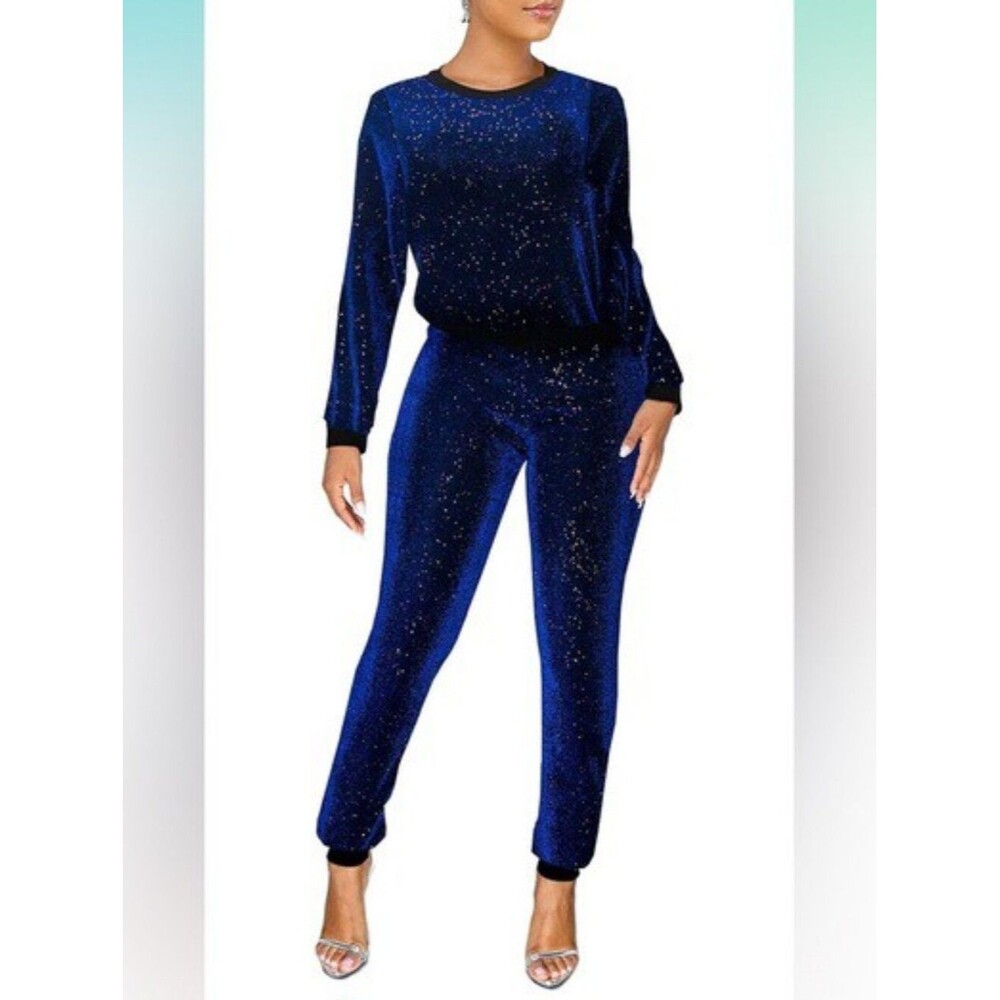 Blue Sparkle Pants Set -2 Pc Long Sl Pullover Top & Elastic Waist Pants 2XL New